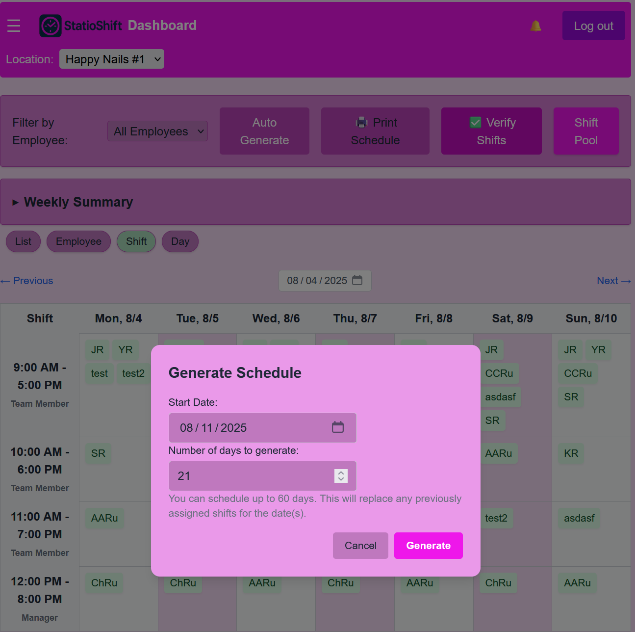 Auto Generate Schedule Dialog